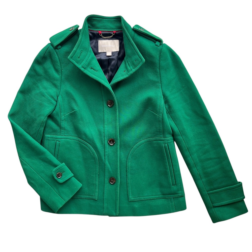 Banana Republic Women XS Whisppine Green Cotton Syswing Pea Coat Preppy Chic Y2K